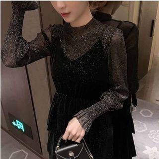 Lantern-sleeve Glitter Top / Spaghetti-strap Pleated Layered Dress
