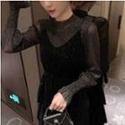 Lantern-sleeve Glitter Top / Spaghetti-strap Pleated Layered Dress