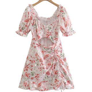 Puff-sleeve Floral Print Cutout Drawstring A-line Dress