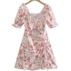 Puff-sleeve Floral Print Cutout Drawstring A-line Dress