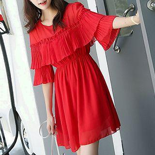 Elbow-sleeve Ruffle Trim Dress