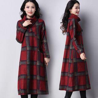 Mock Turtleneck Long-sleeve Plaid Midi Dress