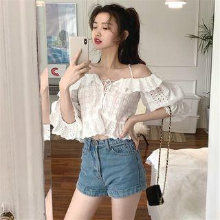 Lace Ruffle Slim-fit Blouse White - One Size