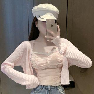 Mesh Pleated Sleeveless Top / Knit Light Cardigan