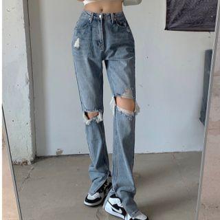Slit-hem Cut Out Straight Leg Jeans