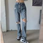 Slit-hem Cut Out Straight Leg Jeans