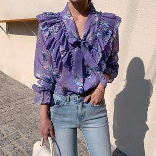 Tie-neck Ruffle-trim Floral Print Blouse Purple - One Size