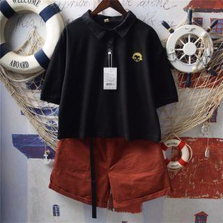 Short-sleeve Cartoon Embroidered Polo Shirt Black - One Size