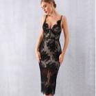Spaghetti-strap Plunge-neck Lace Midi Dress