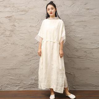 3/4-sleeve Mesh Panel Maxi A-line Dress Milky White - One Size