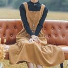 A-line Midi Corduroy Pinafore Dress / Lettering Mock-neck Sweater / Set