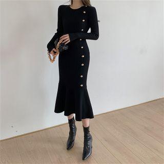 Long-sleeve Ruffle Hem Midi Knit Sheath Dress