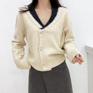 Lace Trim Contrast Collar Cardigan