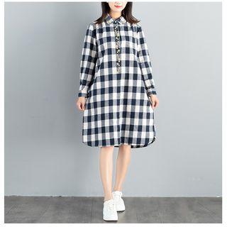 Flower Embroidered Checked Midi Shirtdress