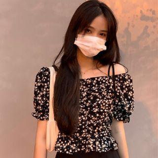 Cold-shoulder Floral Ruched Crop Top