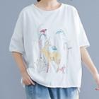 Short-sleeve Deer Embroidered T-shirt White - One Size