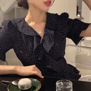 Dotted Short-sleeve Ruffle Blouse Dark Blue - One Size