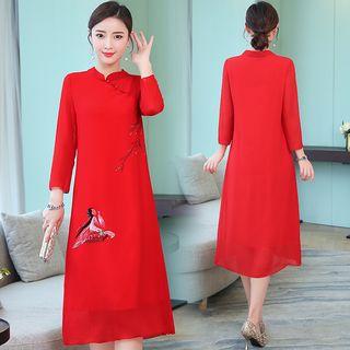 Traditional Chinese 3/4-sleeve Embroidered A-line Midi Dress