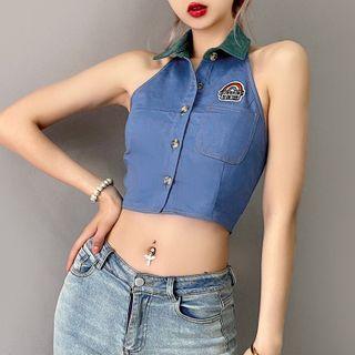 Rainbow Embroidered Cropped Halter Top