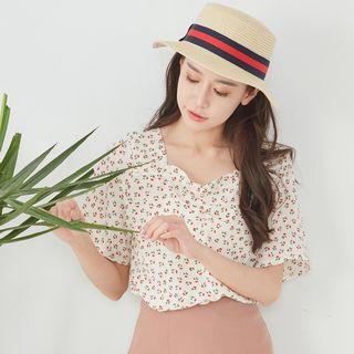Floral Short-sleeve Blouse Off-white - One Size