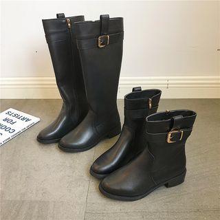 Faux Leather Buckled Low Heel Boots