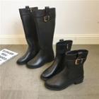Faux Leather Buckled Low Heel Boots