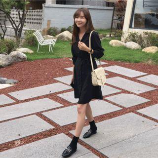 Open-placket Shirtdress With Sash Black - One Size
