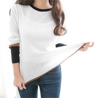 Crew-neck Long-sleeve Contrast-trim Knit Top