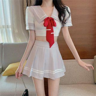 Sailor Collar Bow Cropped Blouse / Mini A-line Pleated Skirt