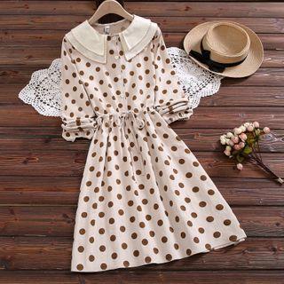 Long-sleeve Dotted Drawstring-waist A-line Dress