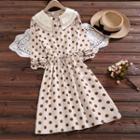 Long-sleeve Dotted Drawstring-waist A-line Dress