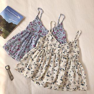 Floral Printed Chiffon V-neck Ruffled-trim Tank Top