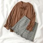 Bell-sleeve Blouse / Plaid Mini A-line Skirt