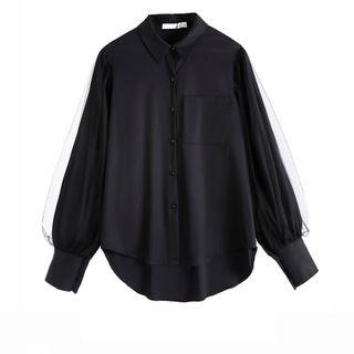 Mesh Panel Lantern-sleeve Shirt