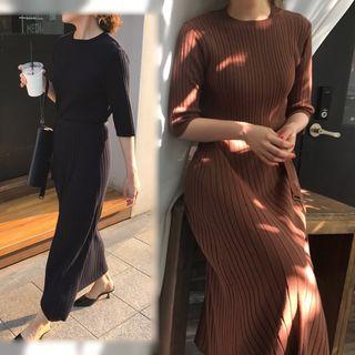 Elbow-sleeve Midi Rib Knit Dress