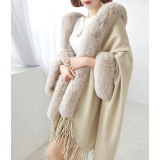 Eco-fur Trim Fringed Knit Cape Light Beige - One Size