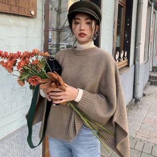 Long-sleeve Plain Shawl Knit Top Coffee - One Size