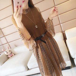 Set: Flare-sleeve Printed Dress + Cutout-back Knit Vest