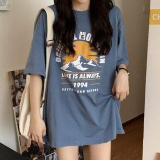 Oversized Round-neck Lettering Short-sleeve Top