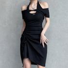 Short-sleeve Mock Two-piece Cold-shoulder Drawstring Mini Bodycon Dress