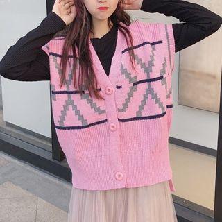 Set: Long-sleeve Top + Buttoned Knit Vest