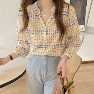 3/4 Sleeve Mandarin Collar Print Shirt