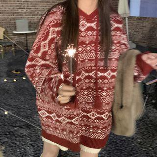 Pattern Hooded Sweater Red - One Size