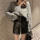 Distressed Knit Sweater / Faux-leather Zipper Mini Skirt