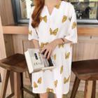 Short Sleeve Bow Print V-neck Dress