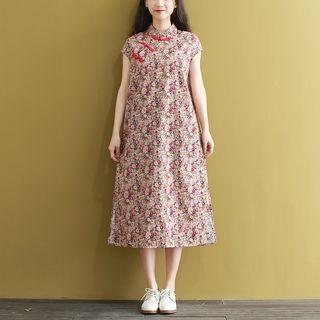 Short-sleeve Floral A-line Midi Qipao Dress