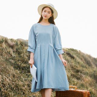Plain 3/4-sleeve A-line Midi Dress
