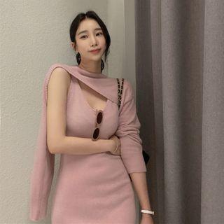 Long-sleeve Plain Knit Shrug Cardigan / Sleeveless Plain Slim Fit Dress