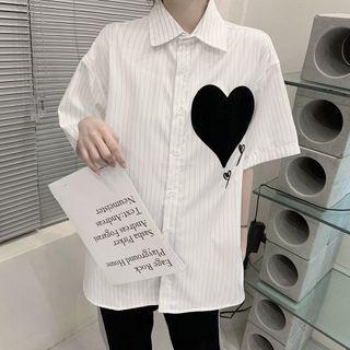 Elbow-sleeve Heart Embroidered Striped Shirt Stripe - One Size