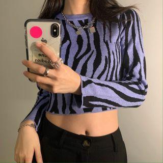 Zebra Print Long-sleeve Cropped Knit Top